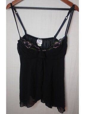 Intimate Attitudes 1X Lilac Embroidery on Black Negligee Sleep Top Plus